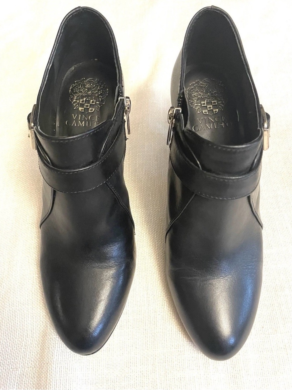 Vince Camuto Black Leather Buckle Zip Almond Toe Stiletto Dressy Booties 7.5M